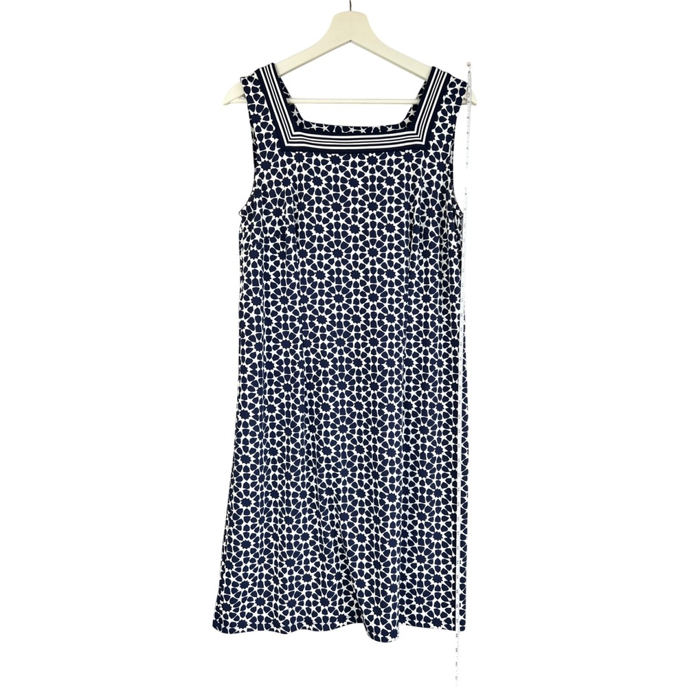 Talbots Petite Navy White Geometric Square Neck Shift Dress LP Striped Trim